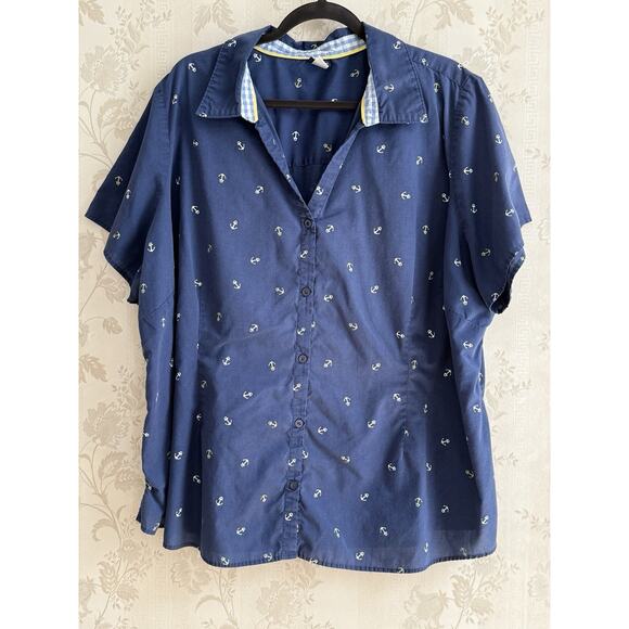 Vintage Basic Editions Button Up Shirt Women's Size 4X Anchor Print Short Sleeve - Picture 1 of 8